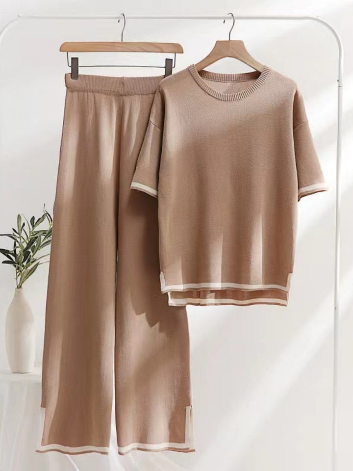 Contrast Trim Knit Short Sleeve Top &amp; Wide Leg Pants Set