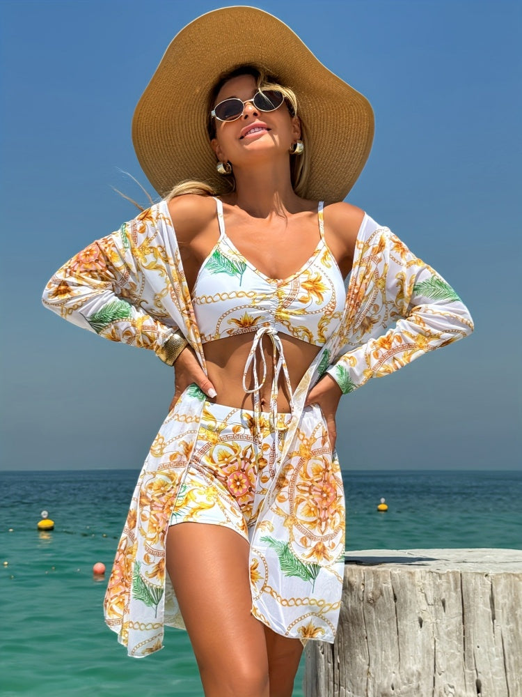 Floral Print 3-Piece Swimsuit Set – Chic Crop Top, High-Waist Shorts & Sheer Cover-Up