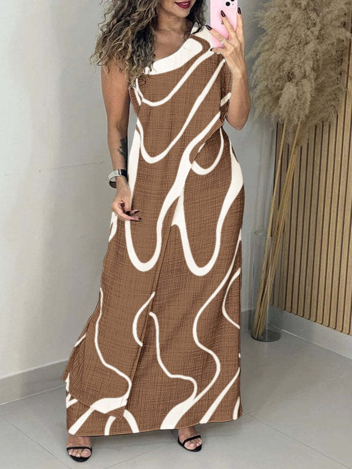 Abstract Wave Print One-Shoulder Maxi Dress