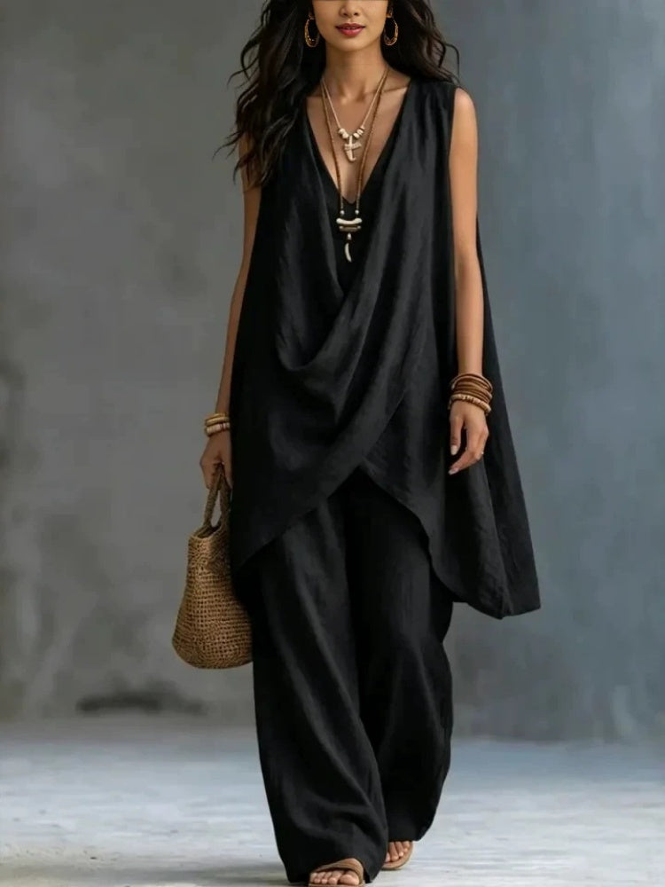 Sleeveless Stand Collar Cotton Linen Resort Two Piece Set