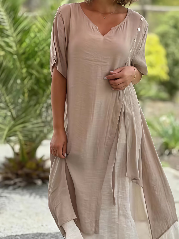Faux Two Piece Linen Blend Midi Dress