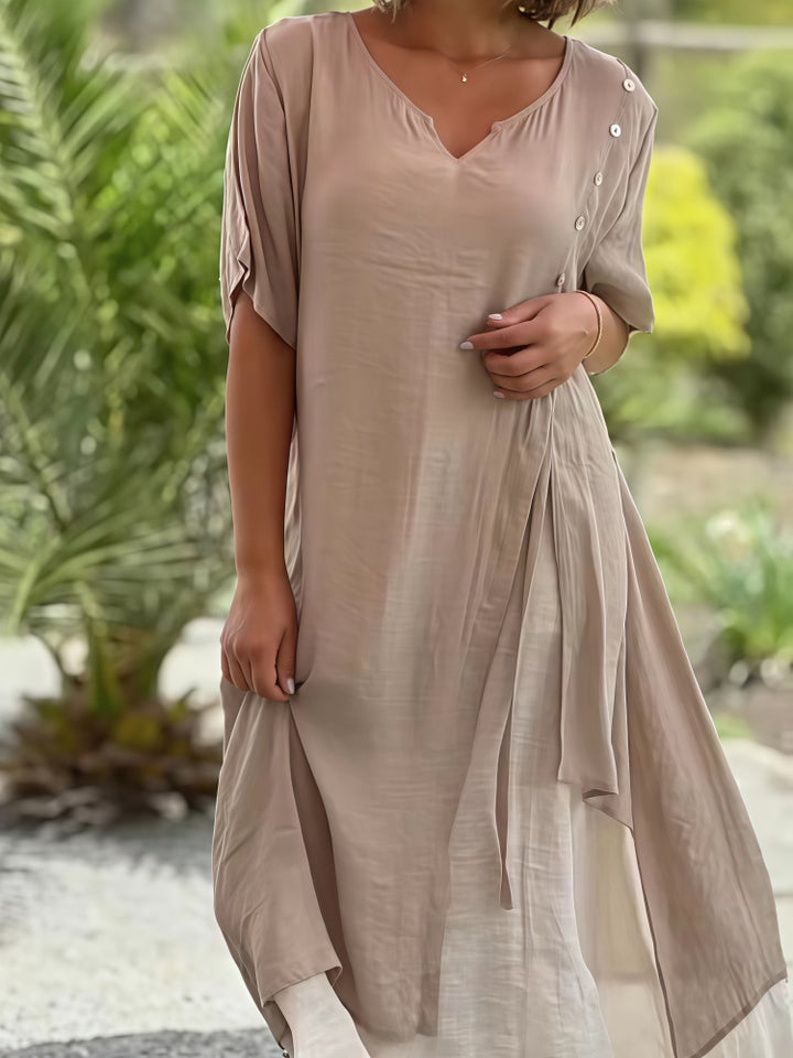 Faux Two Piece Linen Blend Midi Dress