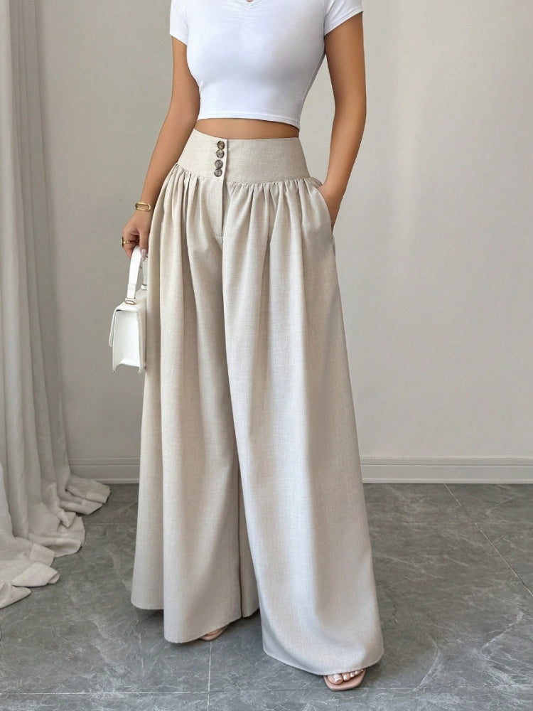High Waist Button Front Pleated Wide Leg Palazzo Pants