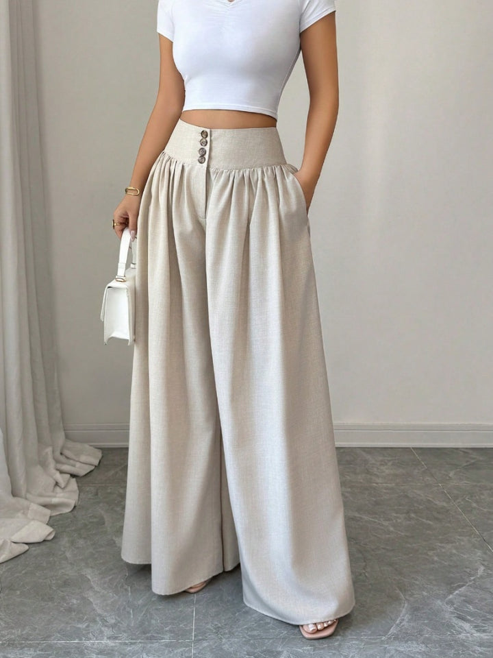 High Waist Button Front Pleated Wide Leg Palazzo Pants