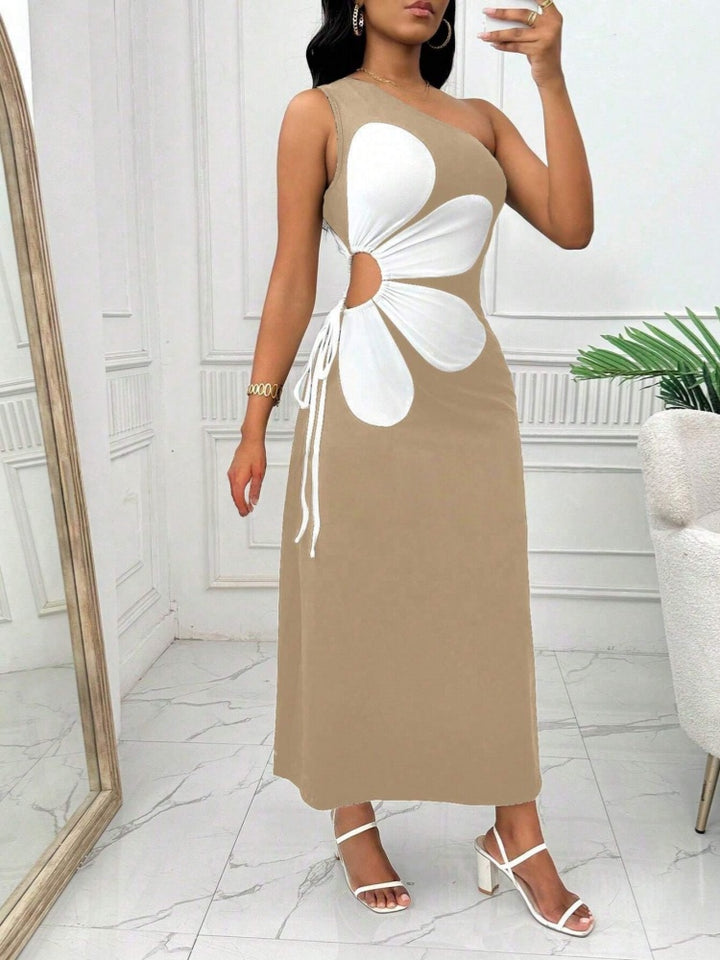 One Shoulder Flower Cutout Maxi Dress