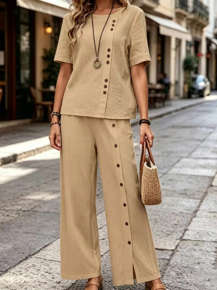 Cotton Linen Two-Piece Set - Button Detail Short Sleeve Top &amp; Wide Leg Pants