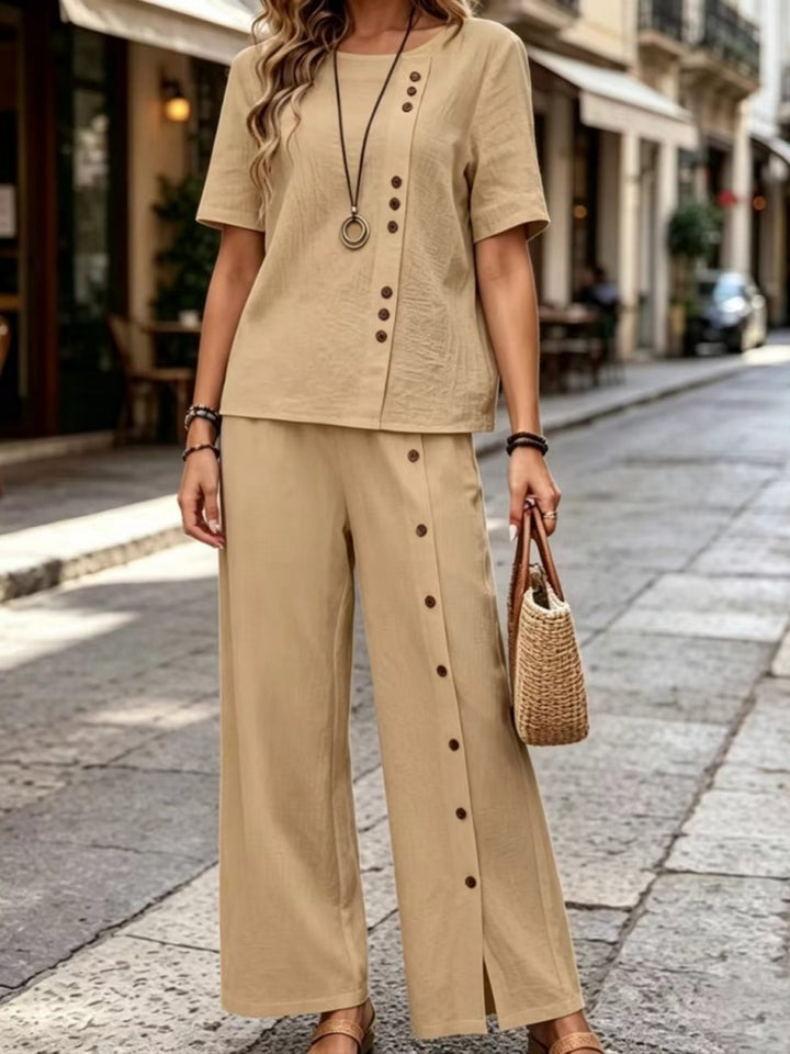 Cotton Linen Two-Piece Set - Button Detail Short Sleeve Top &amp; Wide Leg Pants