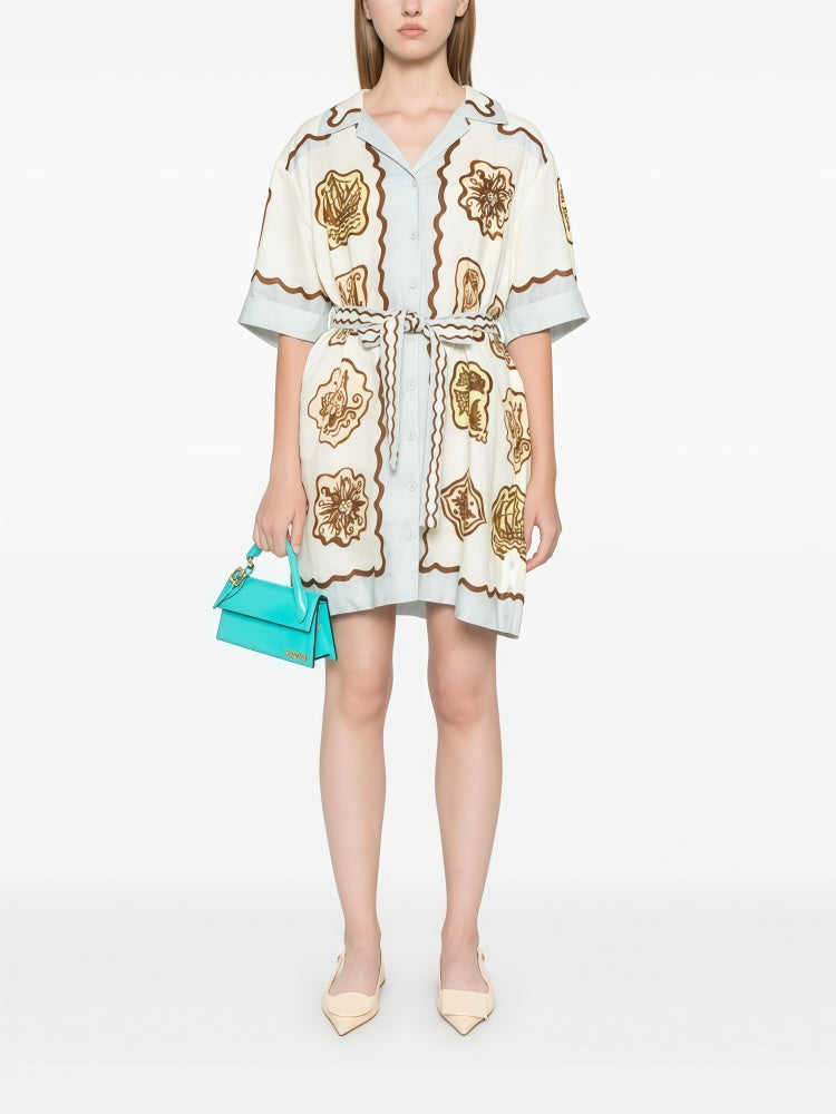 Vintage Marine Print Cotton Linen Shirt Dress - Tie Waist Nautical Mini Dress