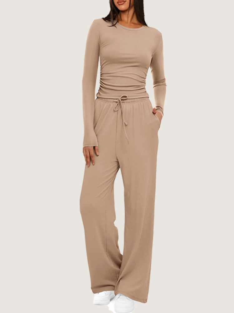 Ruched Long Sleeve Top &amp; Drawstring Wide Leg Pants Set