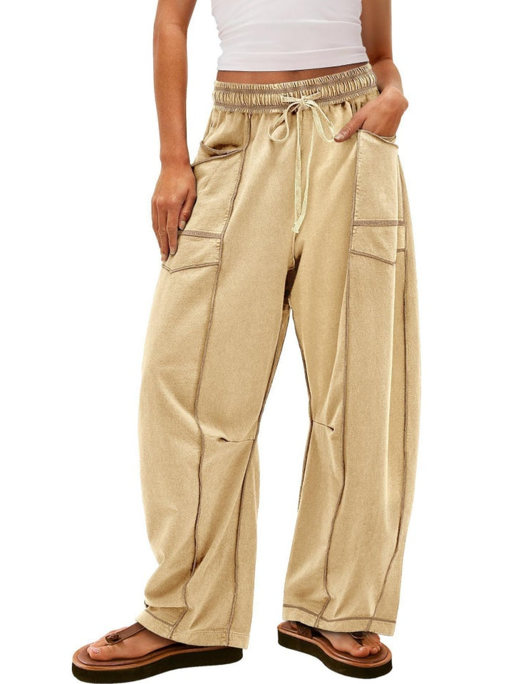 Elastic Waist Contrast Stitch Wide Leg Pants