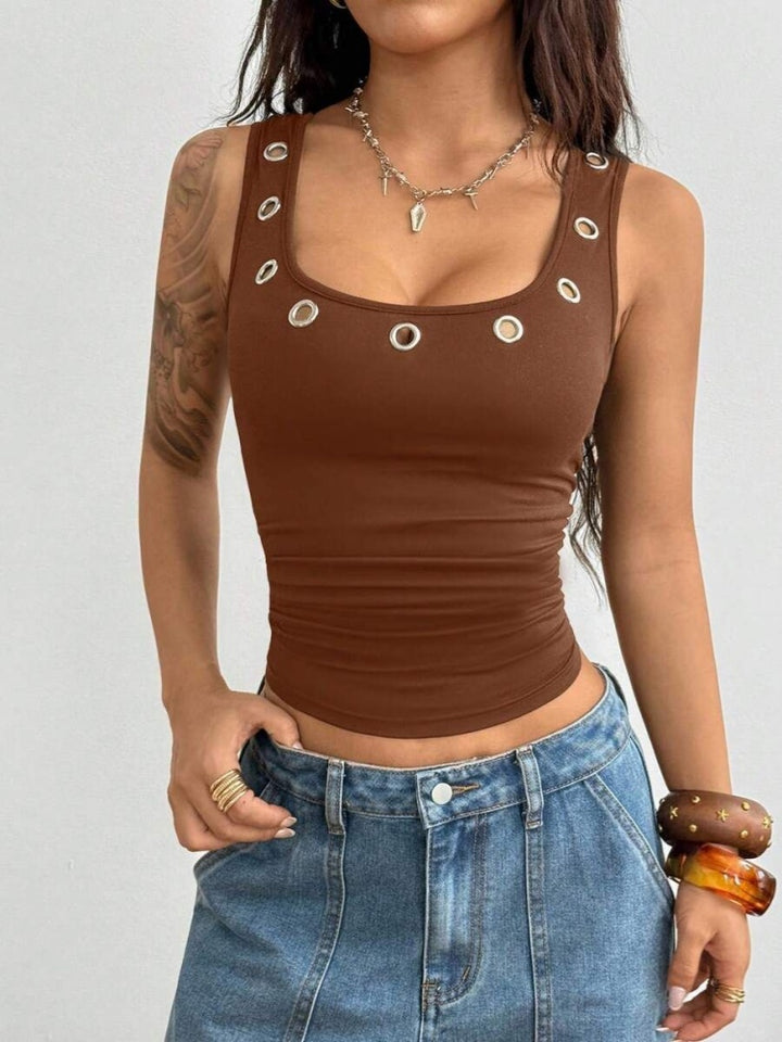 Eyelet Crop Tank Top - Square Neck Sleeveless Fitted Camisole