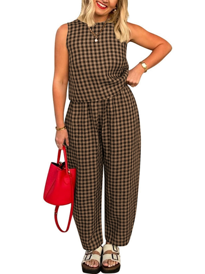 Gingham 2-Piece Sleeveless Top &amp; Wide Leg Pants Set