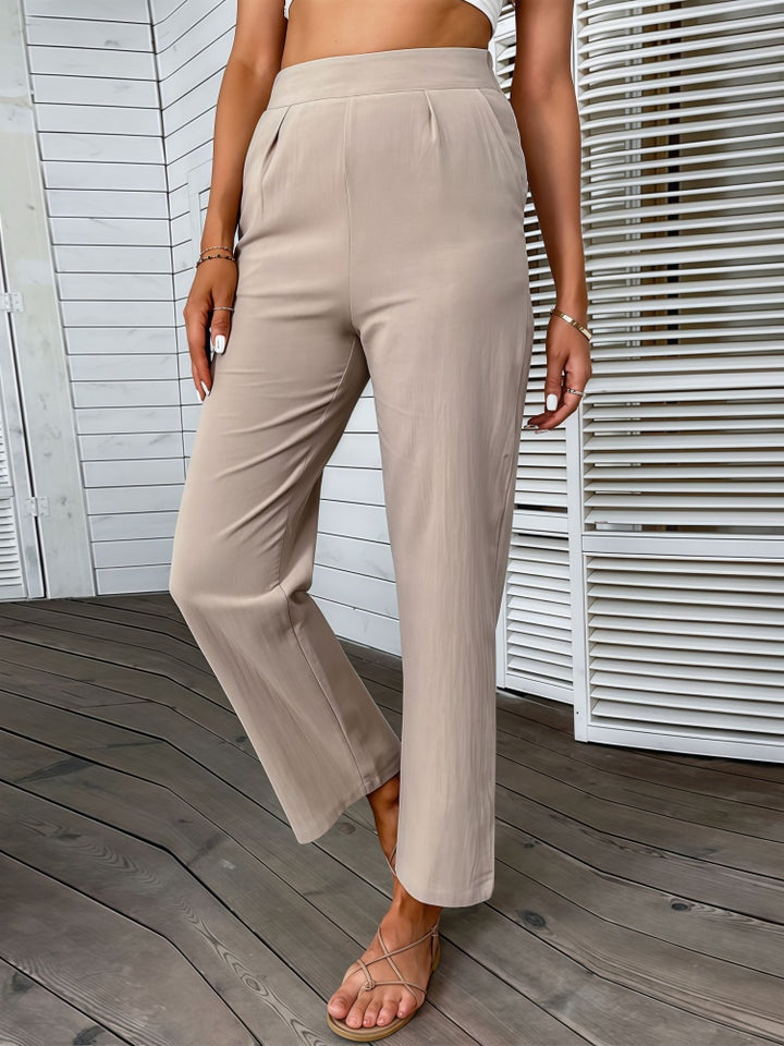 Simple cotton and linen high-waisted cropped straight leg pants