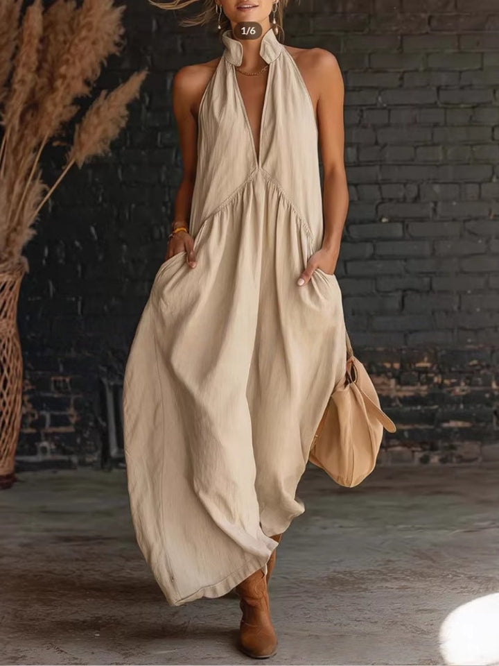 Halter Neck Linen-Blend Maxi Dress