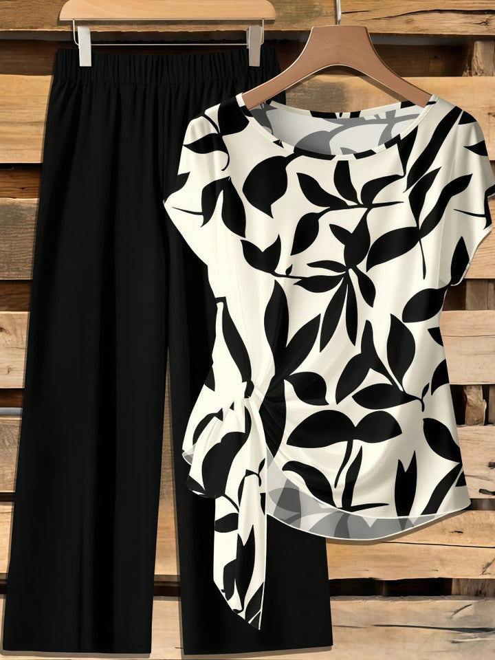 Printed Short Sleeve Twist Top Wide Leg Pants Set