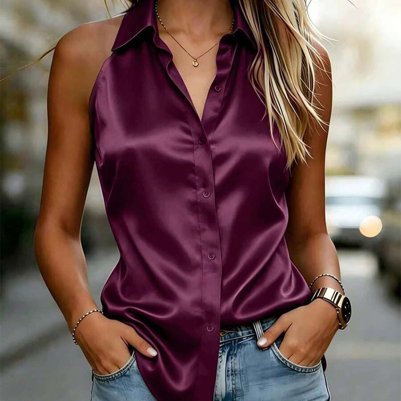 Slim-fit versatile satin sleeveless shirt