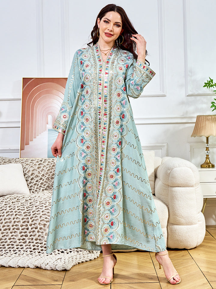 Floral Embroidered Sequin-Trimmed Abaya Maxi Dress