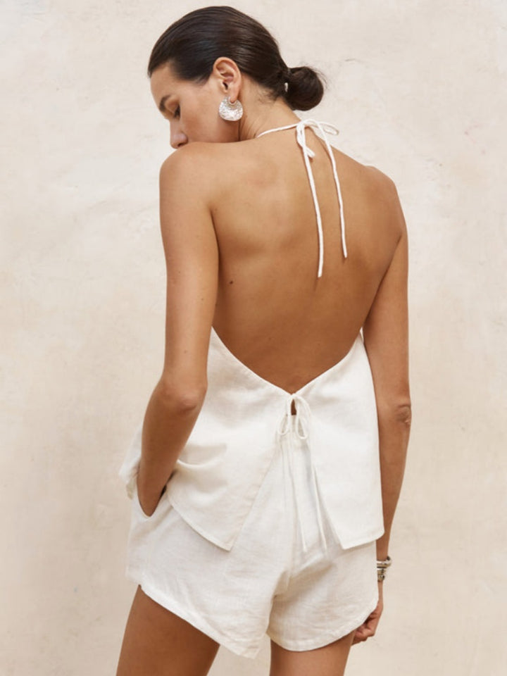 Halter Tie-Front Linen Top &amp; Shorts Set