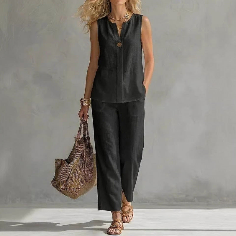 V-neck sleeveless top and wide-leg pants two-piece set