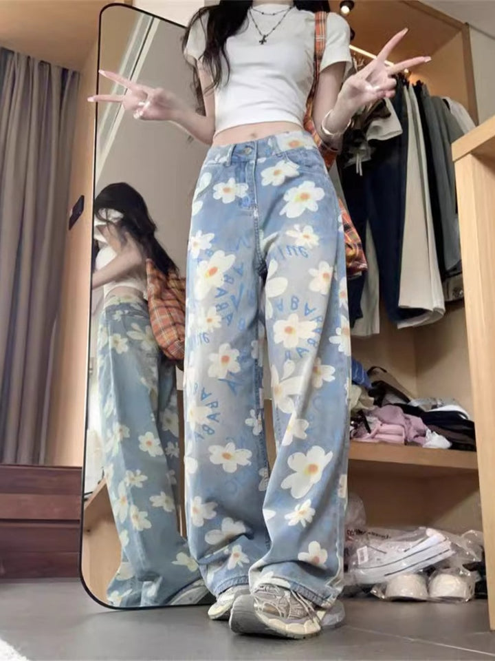 Floral Print High Waisted Wide Leg Denim Jeans