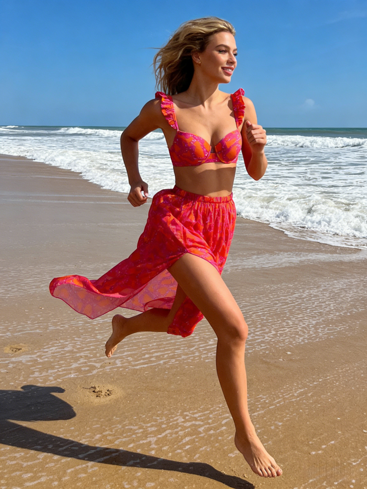 Ruffle Strap Bikini and Sheer Skirt Set