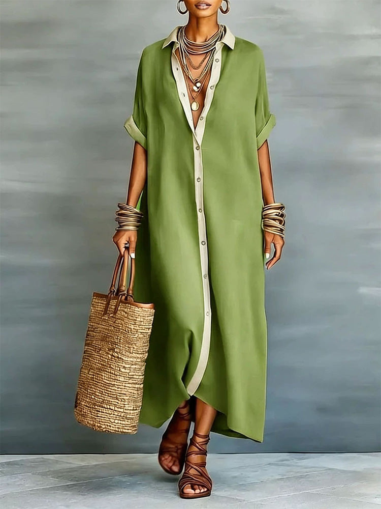 Color-blocked loose-fitting cotton and linen long shirt dress