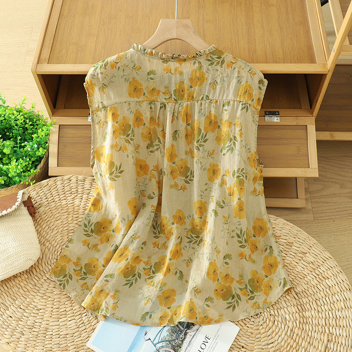 Ruffle Neck Tie Front Floral Linen Blend Sleeveless Blouse