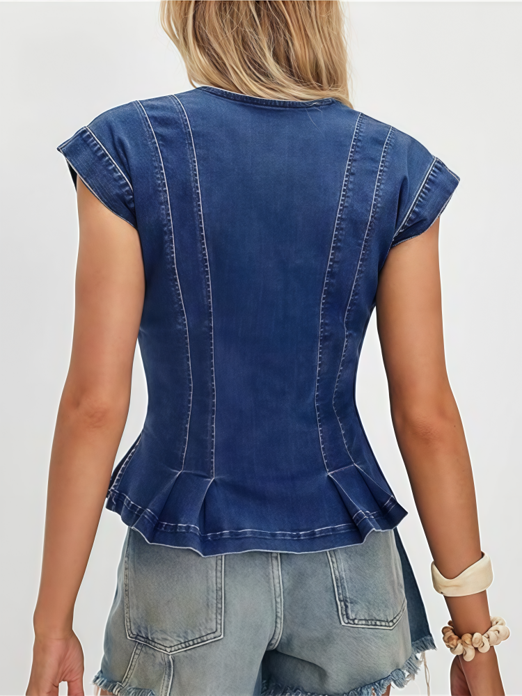 V-Neck Peplum Denim Vest - Sleeveless Button-Down Fitted Top