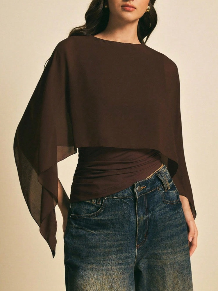 Brown Layered Chiffon Cape Top