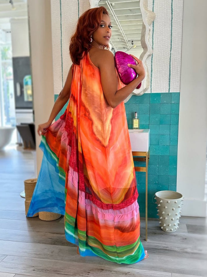 Rainbow Tie-Dye Halter Maxi Dress - Ruffled Chiffon Tiered Flowy Dress