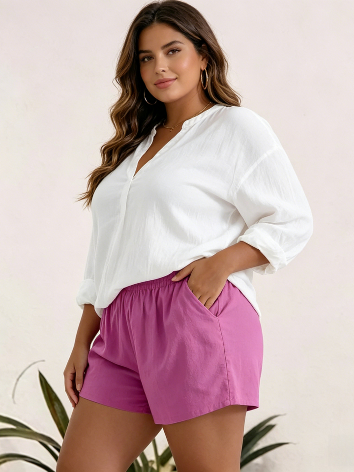 High Waisted Elastic Waist Linen Blend Shorts