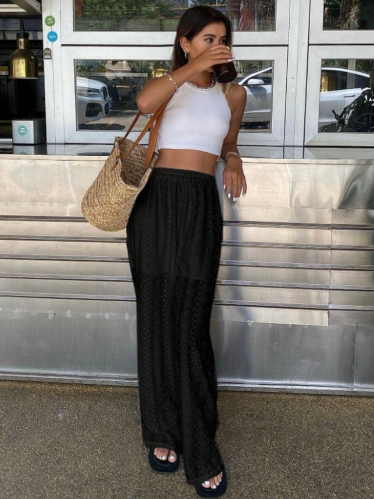 High Waisted Eyelet Lace Wide Leg Pants