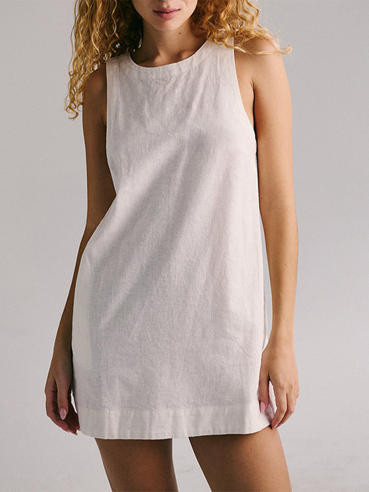 New cotton linen backless solid color mini vest dress