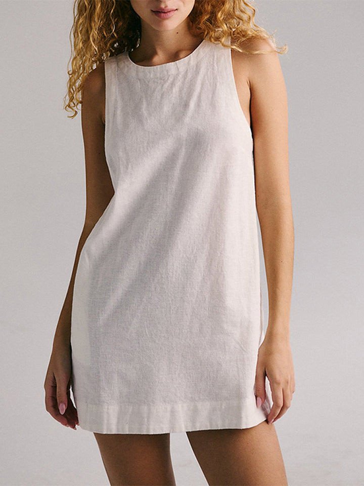 New cotton linen backless solid color mini vest dress