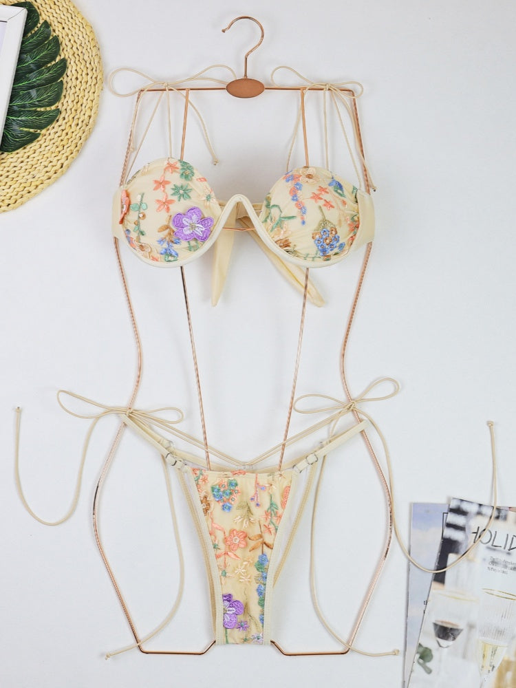 Floral Embroidered Triangle Bikini Set