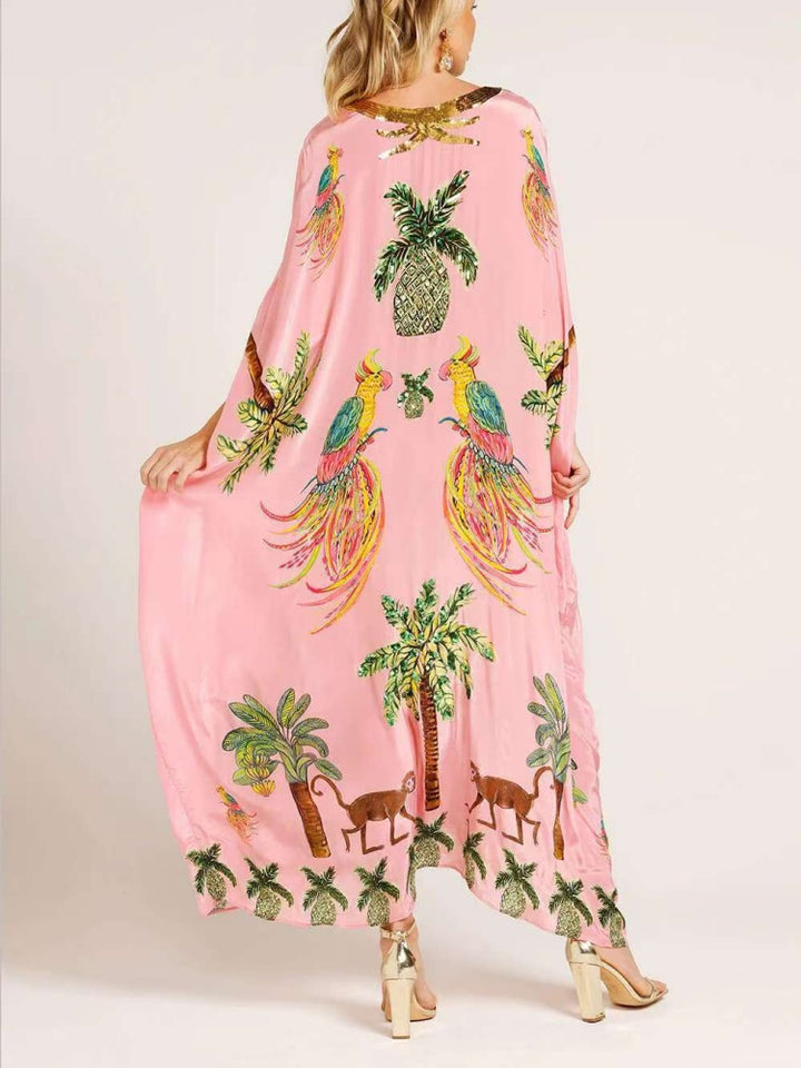 Sequin Tropical Print Kaftan Maxi Dress