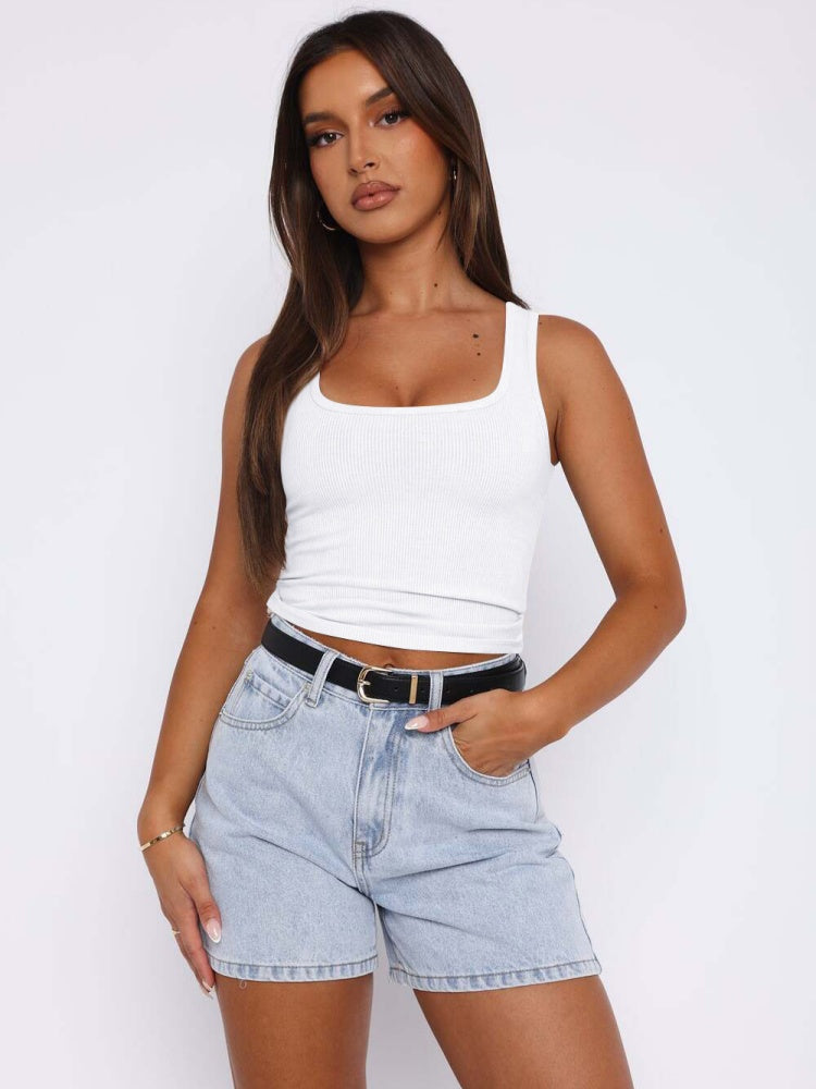 Square Neck Ribbed Cropped Tank Top | High Stretch Slim Fit Sleeveless Cami Vest