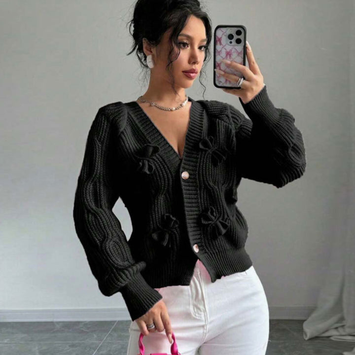 Solid color long-sleeved bow-tie knit cardigan top