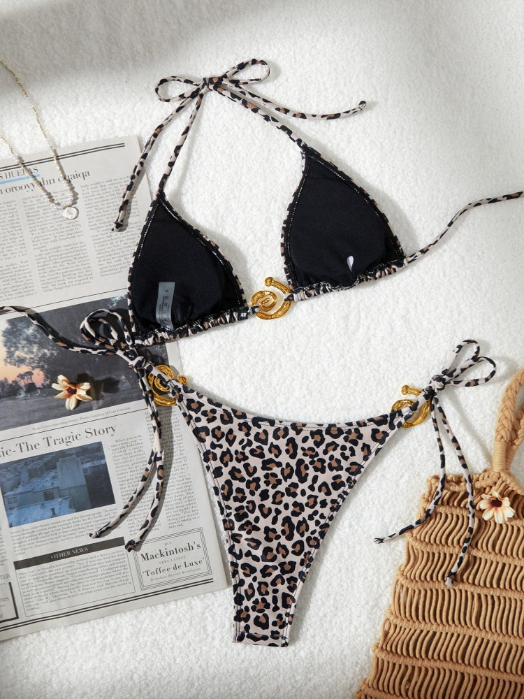 Multi Floral Leopard Print Gold Hardware Halter Bikini Set