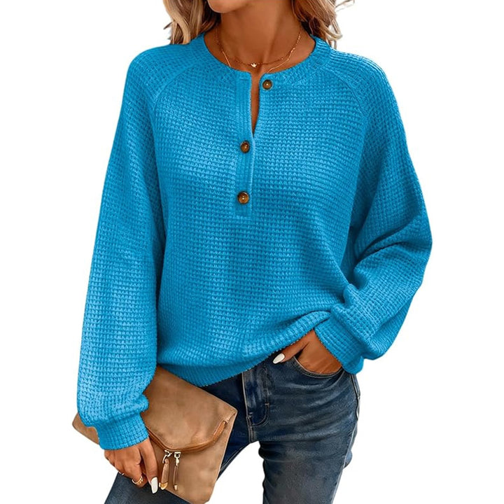 Casual loose-fitting waffle knit long-sleeved pullover top