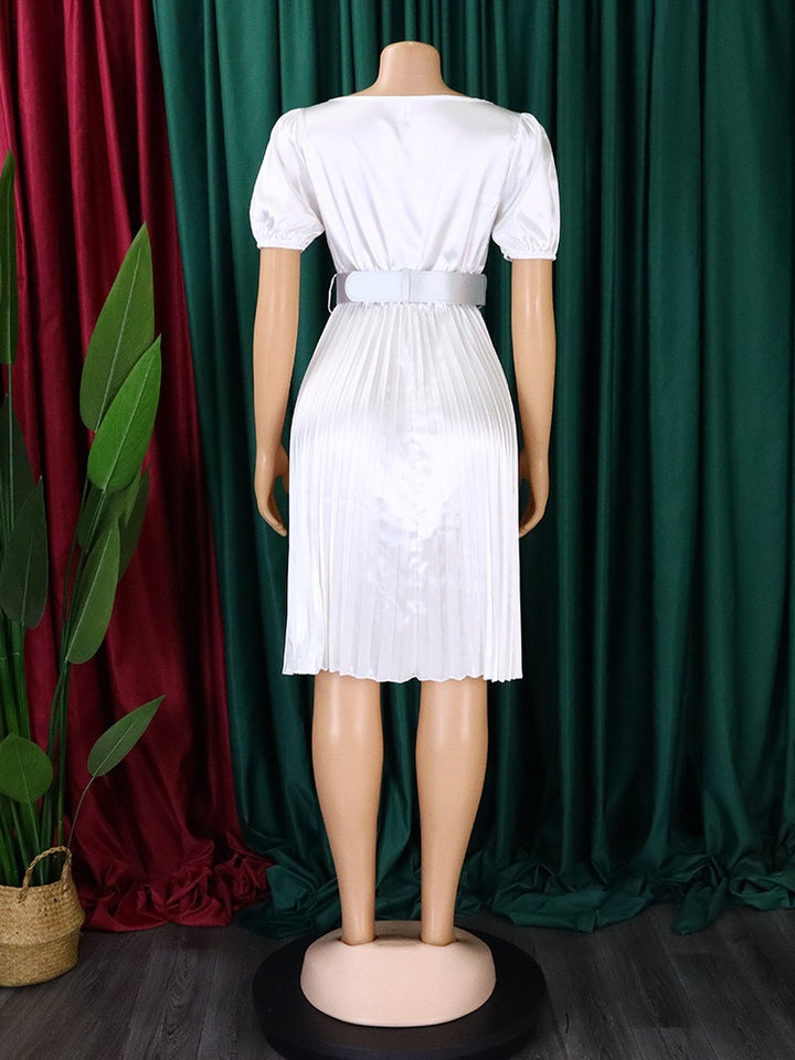 Satin V-Neck Puff Sleeve Pleated Mini Dress with Belt