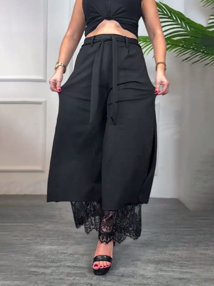 High Waisted Lace Panel Straight Leg Pants