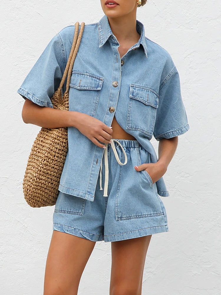 Denim Short Sleeve Shirt &amp; Elastic Waist Shorts Two-Piece Set