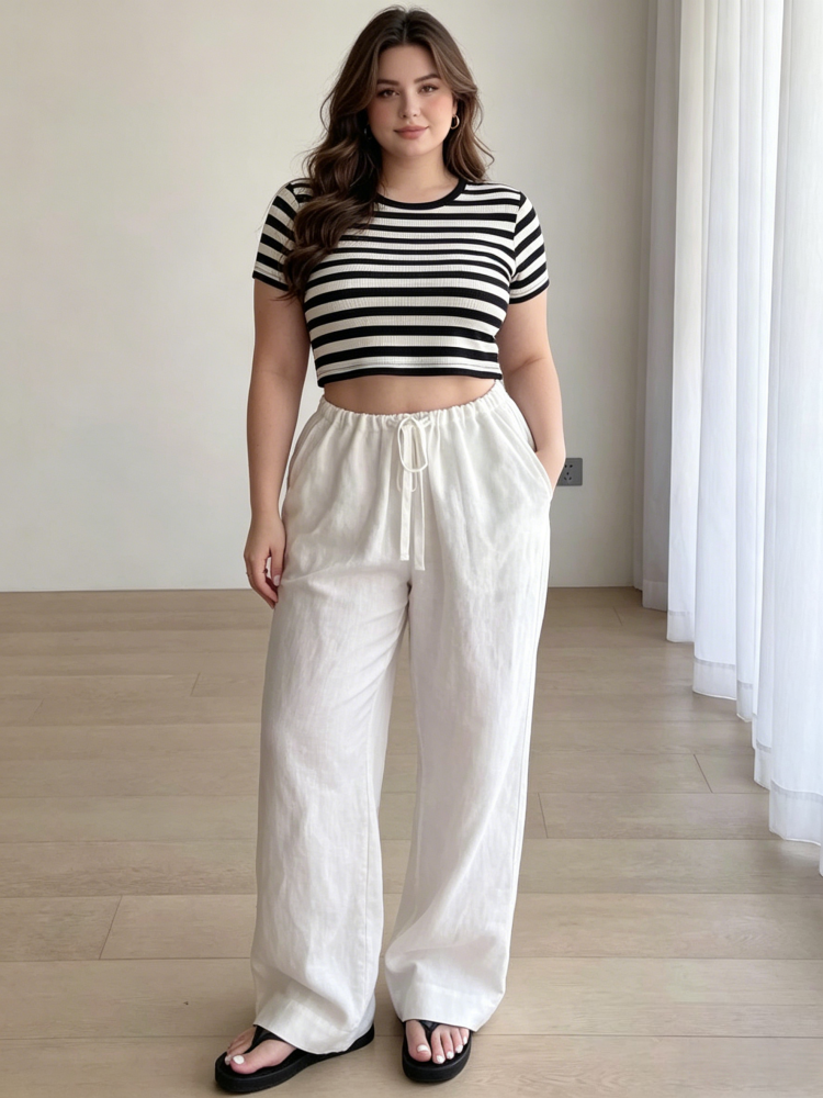 High Waisted Drawstring Wide Leg Linen Pants