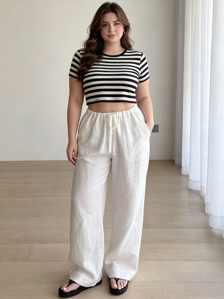 High Waisted Drawstring Wide Leg Linen Pants