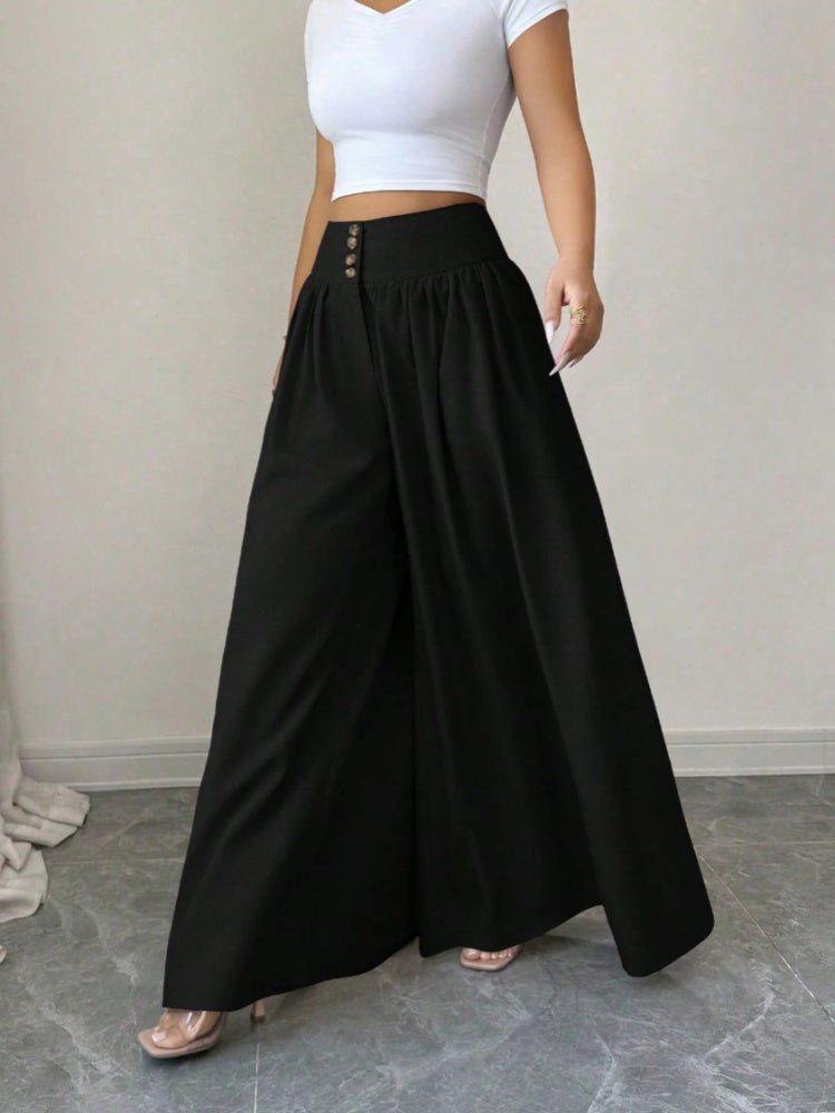 High Waist Button Front Pleated Wide Leg Palazzo Pants