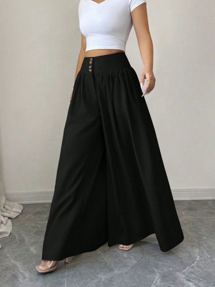 High Waist Button Front Pleated Wide Leg Palazzo Pants