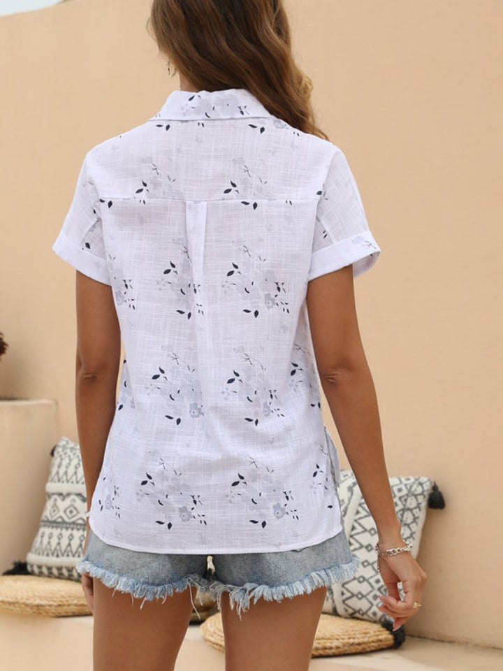 Floral Print Short Sleeve Cotton Blend Button-Down Shirt