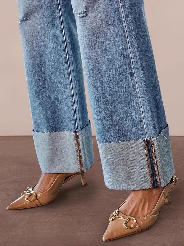 Washed high-waisted rolled-up ripped patchwork straight leg jeans
