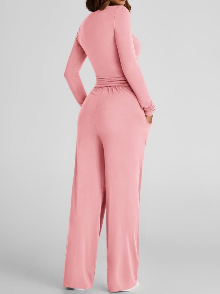 Ruched Long Sleeve Top &amp; Drawstring Wide Leg Pants Set